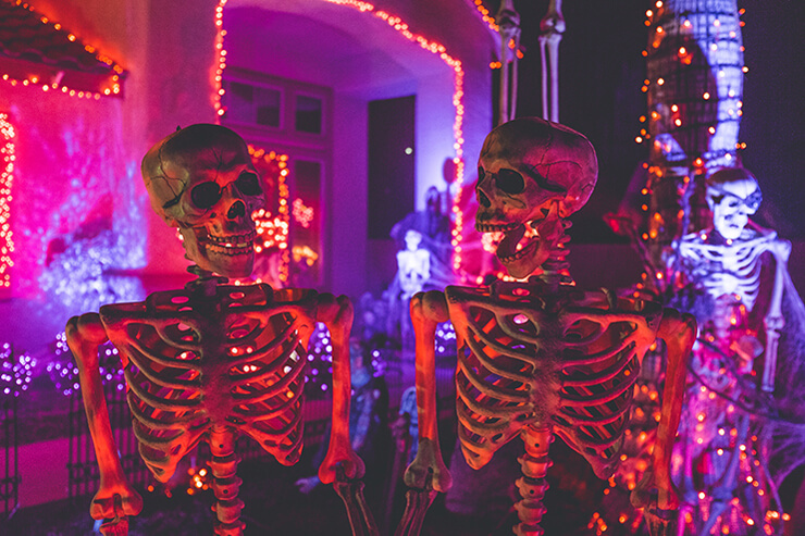 pink lit up outdoor skulls