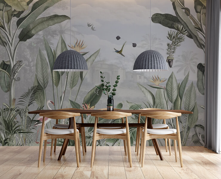 sage green vintage jungle wallpaper in trendy dining room