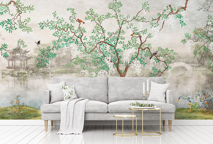 vintage style oriental garden wallpaper in lounge with grey couch