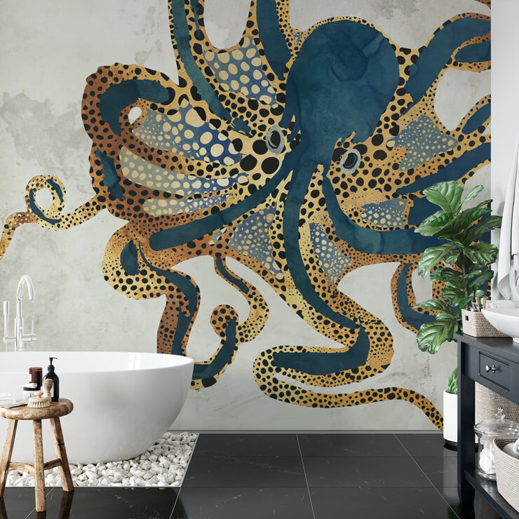 dark blue and gold colored octopus wallpaper mural in relaxing bathroom