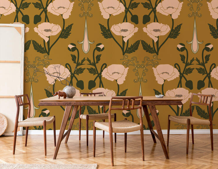 70s nouveau wallpaper in dining room