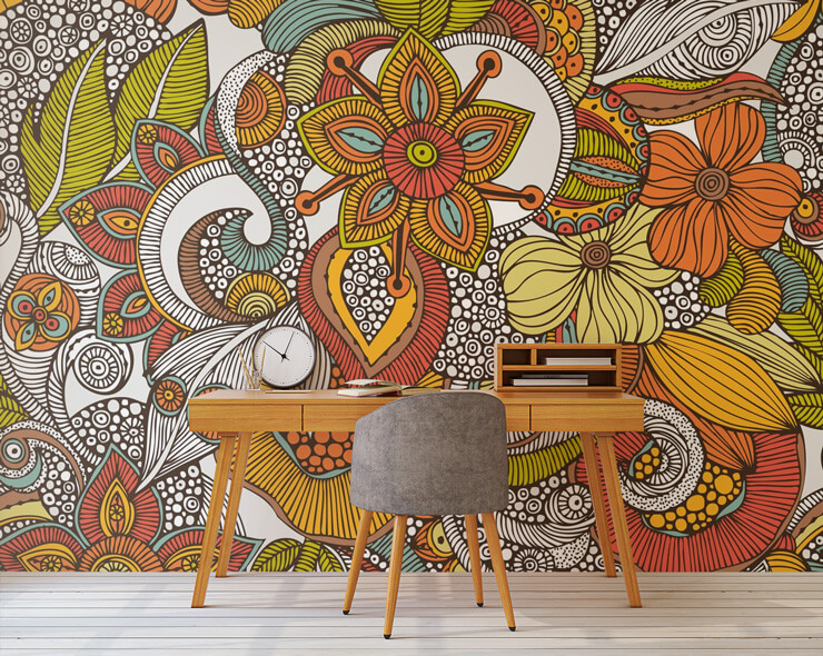 paisley wallpaper in home office