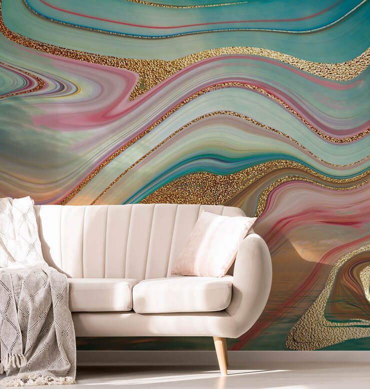 multicoloured geode wallpaper in living room