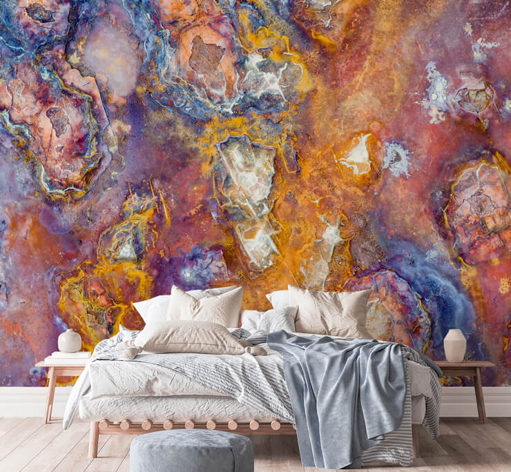 peel and stick wall mural with colourful rust effect in bedroom