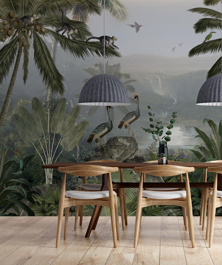 dark green jungle peel and stick wallpaper in dining room