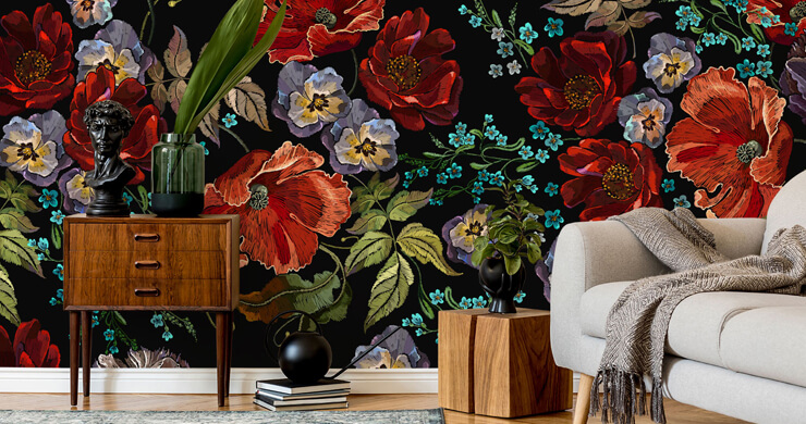 peel and stick wall mural wallpaper in dark living room