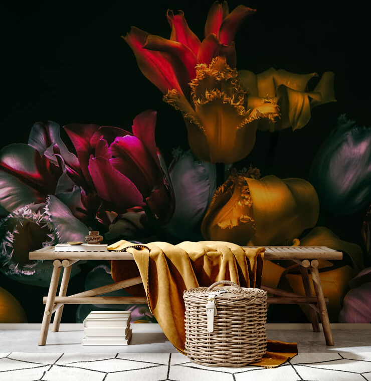 exotic floral mural in hallway