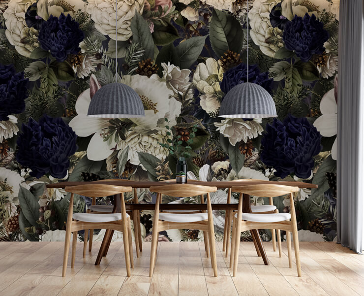 dark navy and white floral wallpaper in dining room