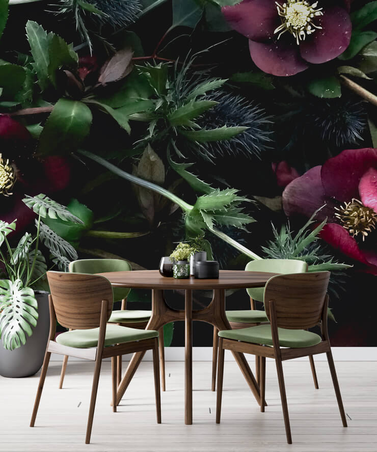 dark purple flowers and thistles wallpaper in green dining room