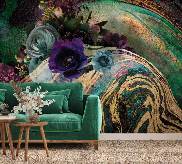 green and purple marble floral wallpaper in green lounge