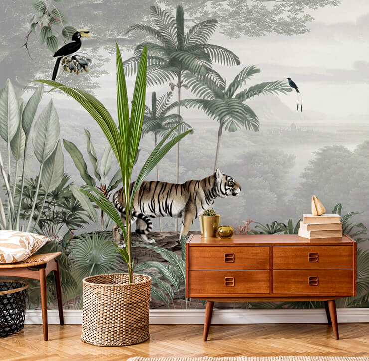 jungle wallpaper mural in stylish hallway