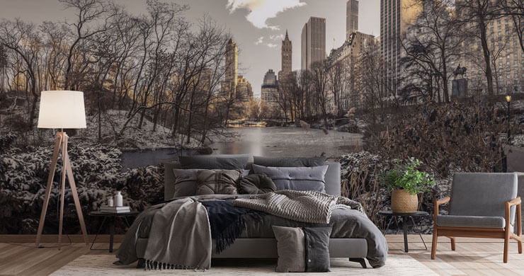 snowy central park wallpaper in grey bedroom