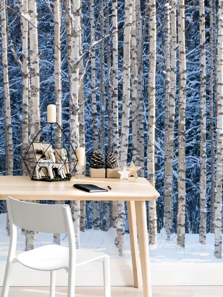 blue and white forest wallpaper in trendy office