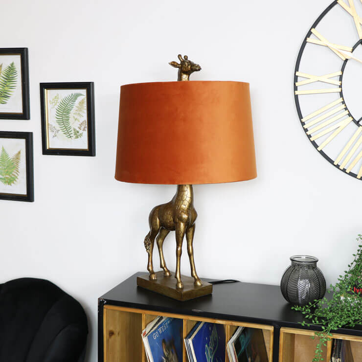 orange giraffe lamp in cool living room