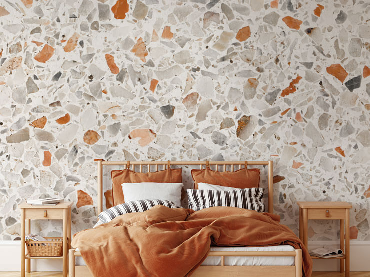 orange and grey terrazzo wallpaper in orange bedroom