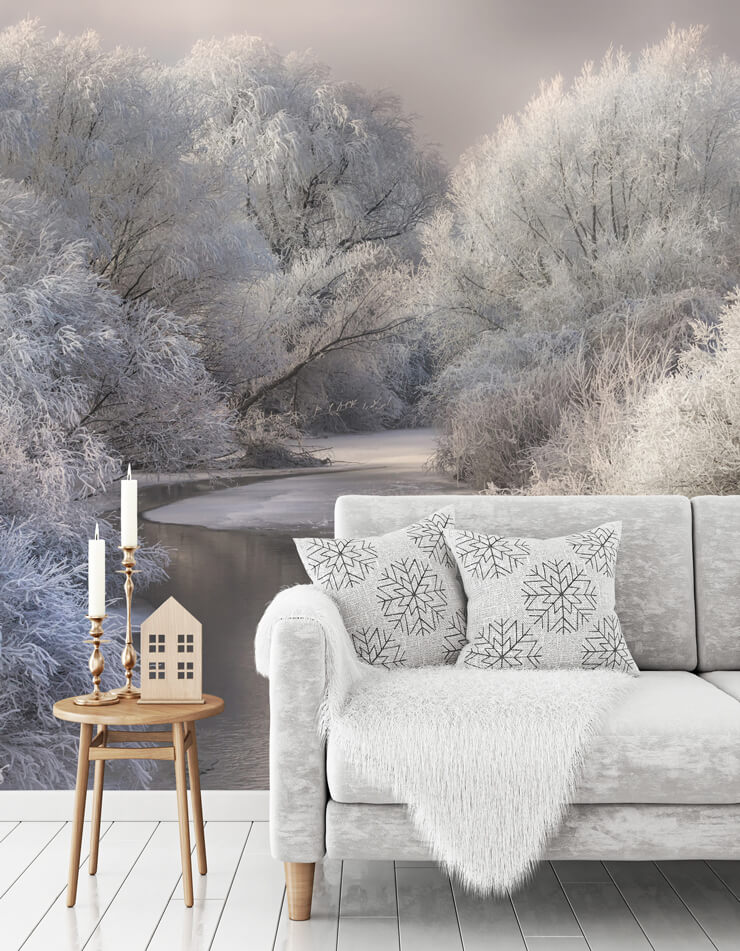 snowy river and trees wallpaper in silver christmas room