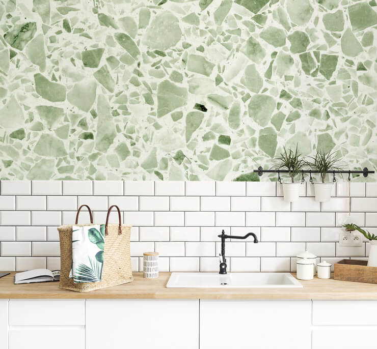 light green terrazzo wall mural in tropical kitchen for kitchen trends for 2022