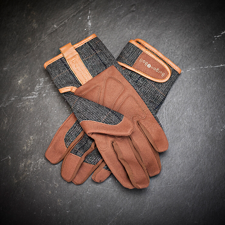 tweed and brown leather gardening gloves