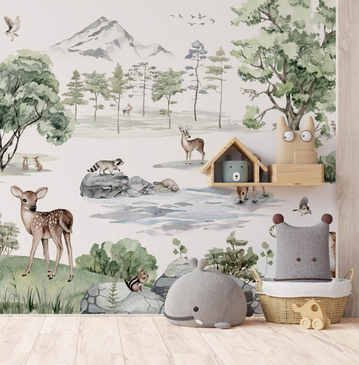 animal landscape wallpaper in simple kids room with whale toy