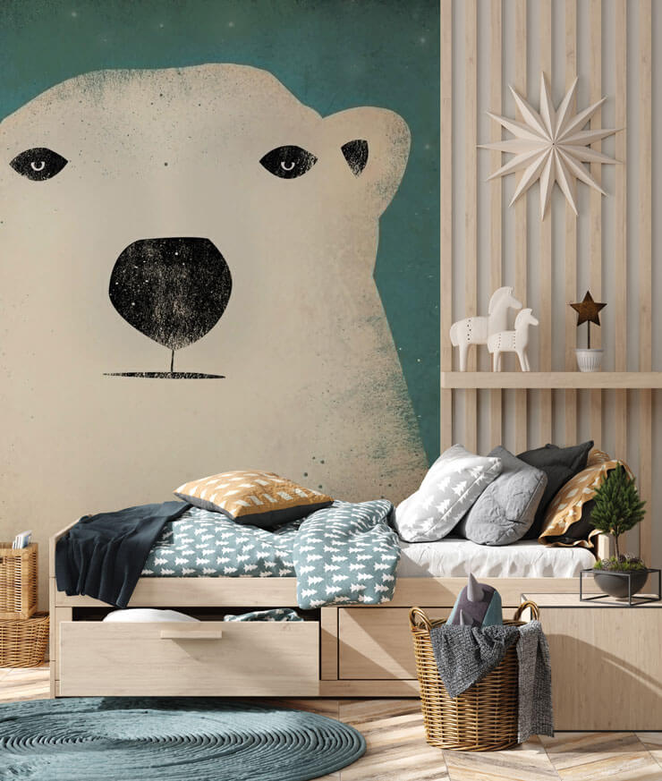 christmas polar bear wallpaper in festive kids room with bed and wooden walls