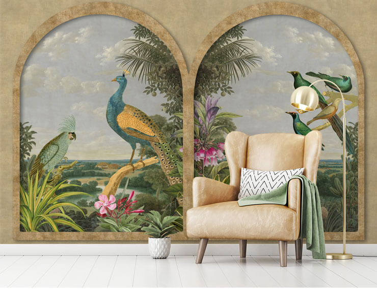 faux windows with peacock and birds wallpaper in room with chair and green blanket