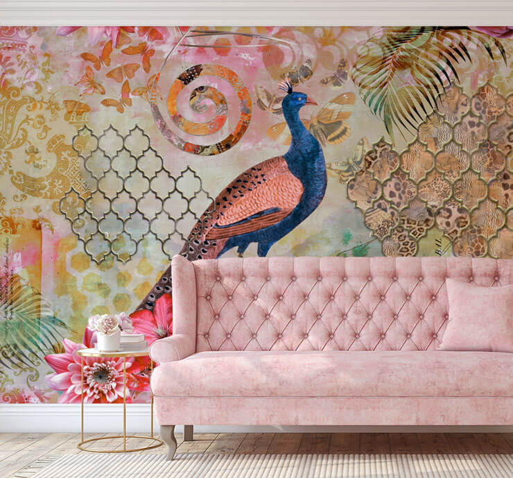 colourful vintage style bird wallpaper in pink lounge