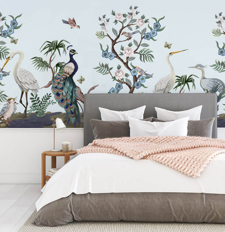 pastel blue and pink peacock wallpaper with chinoiserie feel wallpaper in grey and pink bedroom