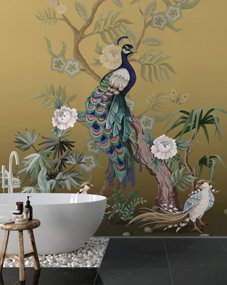 peacock design with gold toned background wallpaper in luxurious bathroom with round tub
