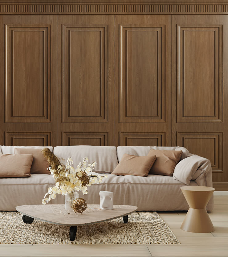 wooden panel wallpaper in stylish lounge