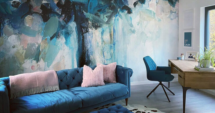 Blue floral wallpaper in multifunctional living room