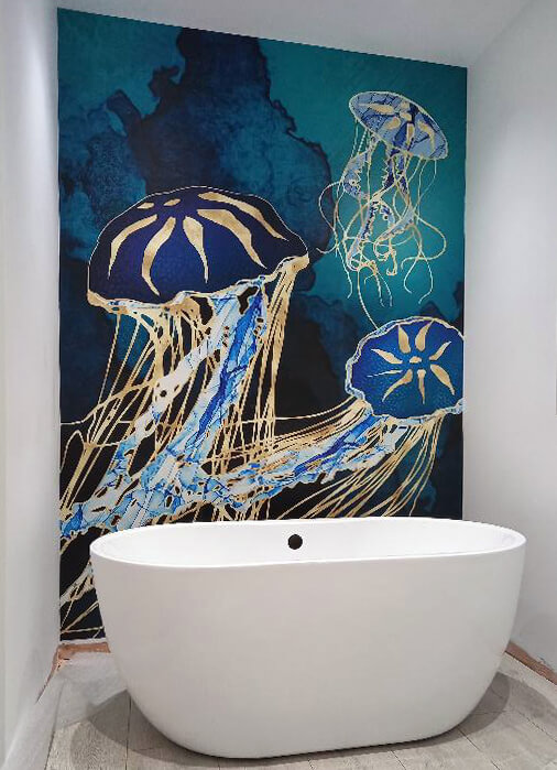 navy and gold toned jellyfish wallpaper with white bath