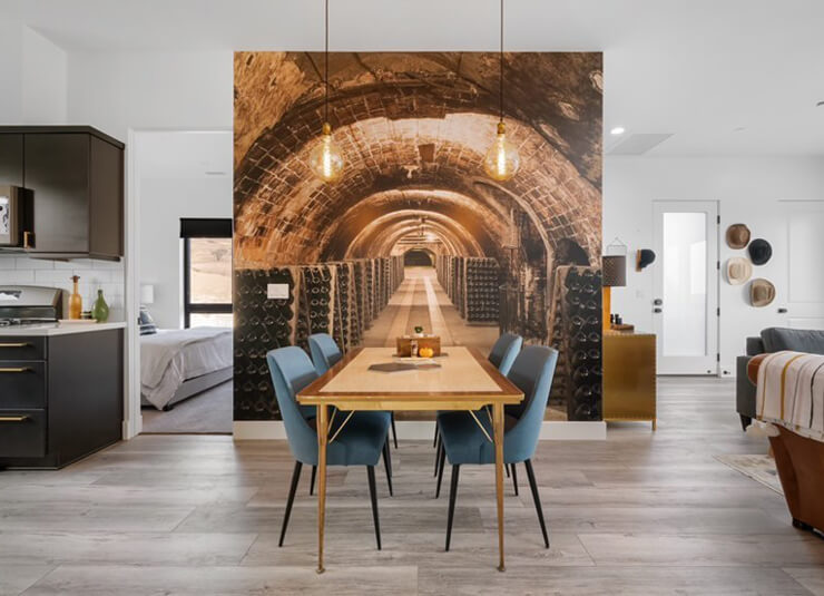 3d effect wine cellar wallpaper in open plan apartment