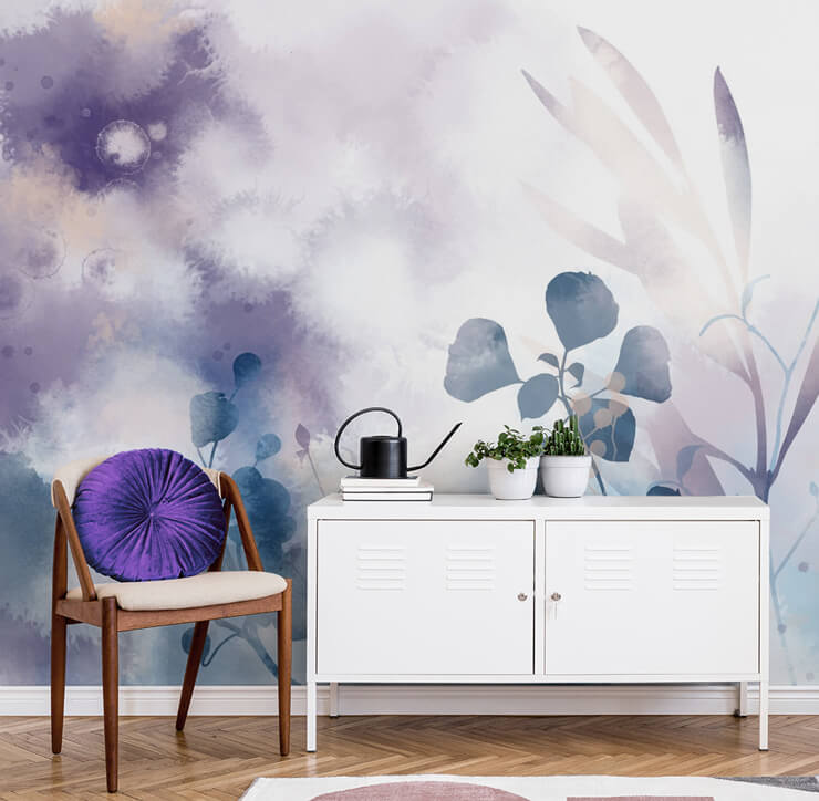 purple watercolour floral wallpaper in pantone colour of the year living area