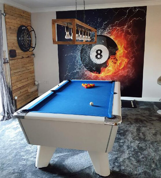 black american pool ball in flames and water wallpaper with white billiards table and darts board