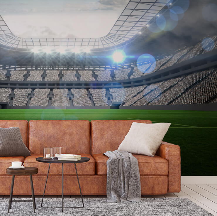 3D effect stadium wallpaper with brown leather couch