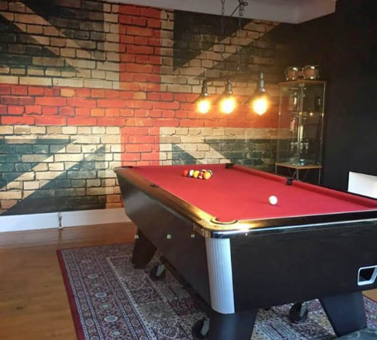 flag brick map in red games room with soft lighting