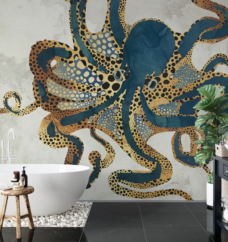 octopus in teal and gold tones with white bath and tropical plants