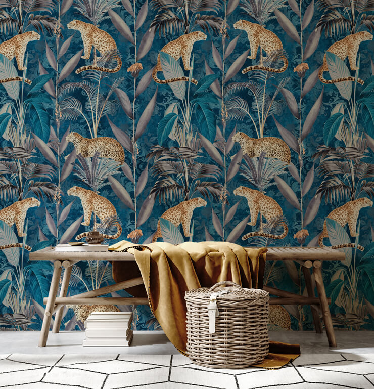 pattern wallpaper with cheetahs on tropical navy background with bench and mustard blanket