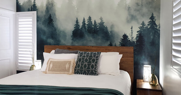 photo mural of misty forest wallpaper in before and after bedroom