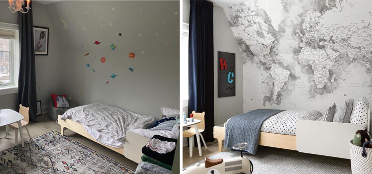 grey painted world map wall mural in grey and white child's bedroom showing before and after wallpaper makeover
