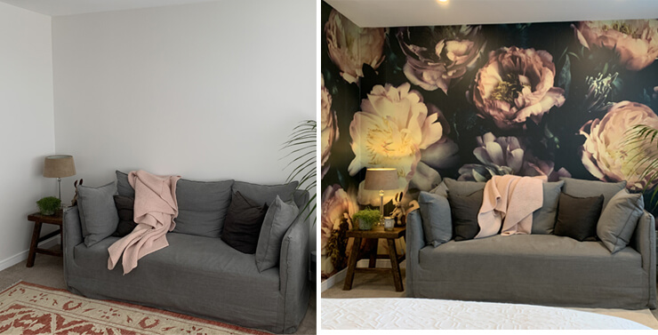 before and after wallpaper makeover from plain living room to dark floral wallpaper feature wall