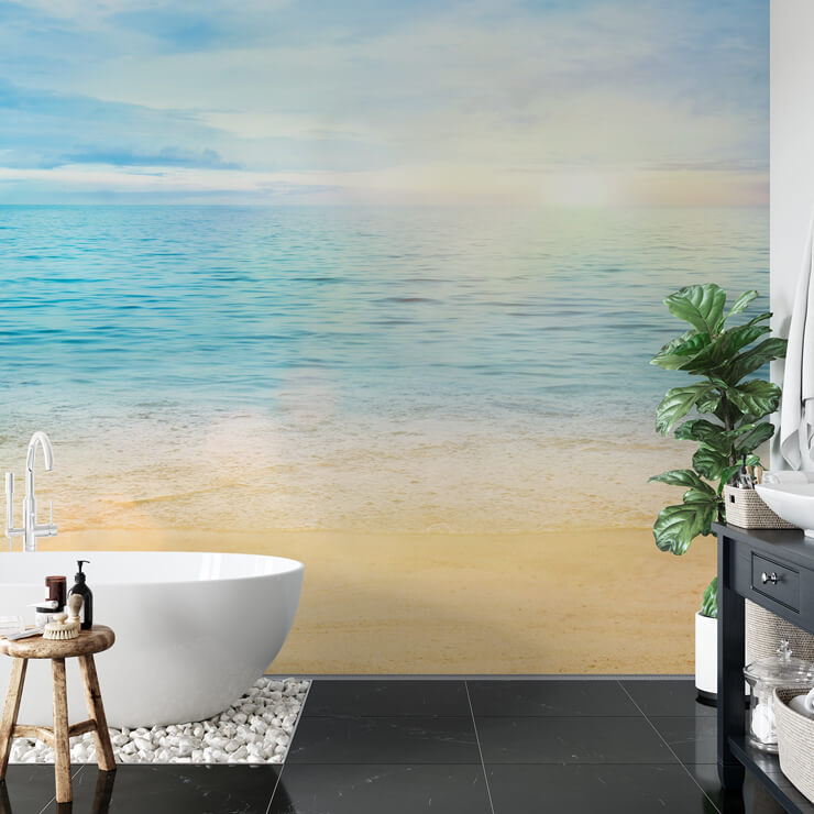 scenery wallpaper with beach and sunny sky wallpaper in stylish bathroom