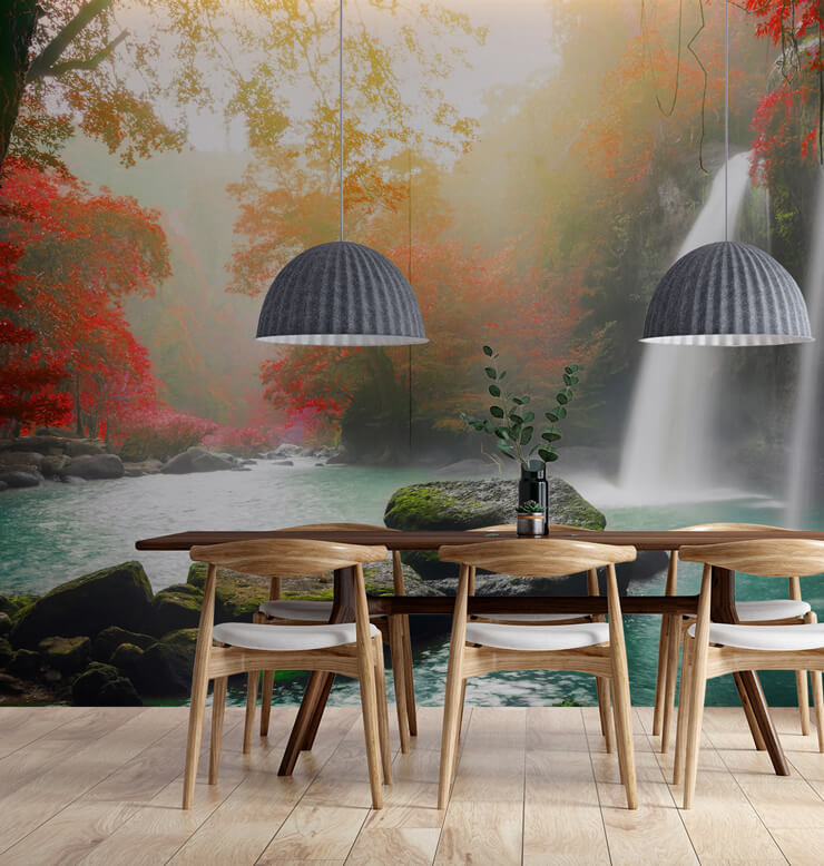 red leafed trees and calming waterfall wallpaper in minimalist dining room