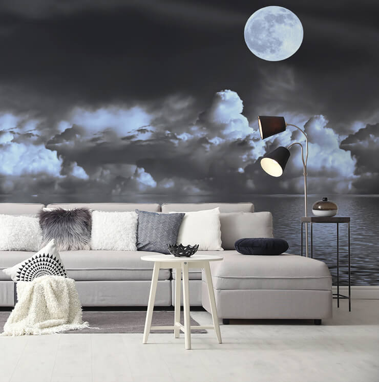 grey cloudy sky with moon wallpaper in grey and black lounge