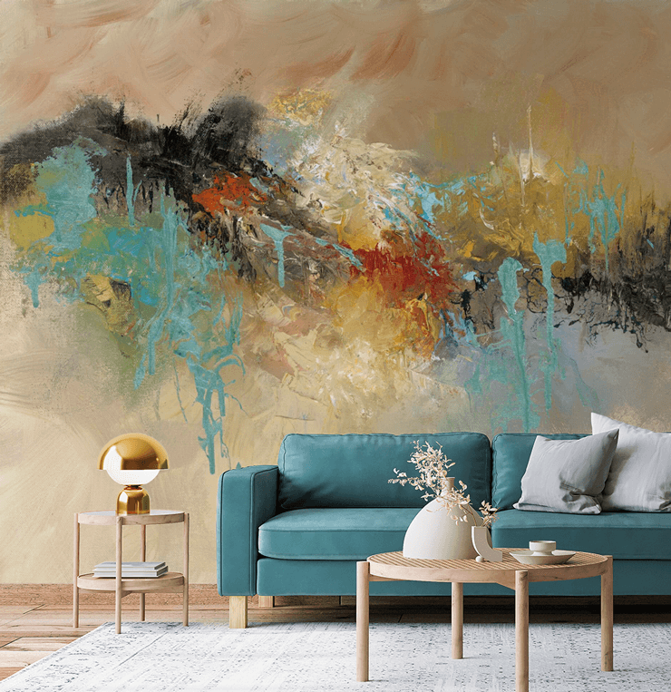 abstract painting wallpaper in lounge with blue couch
