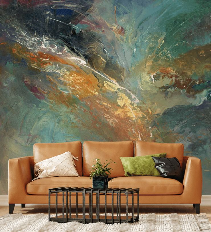 green abstract painting modern wallpaper designs with leather couch