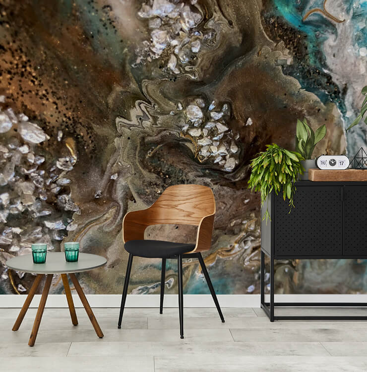 turquoise and brown toned geode effect wallpaper with mid century furniture