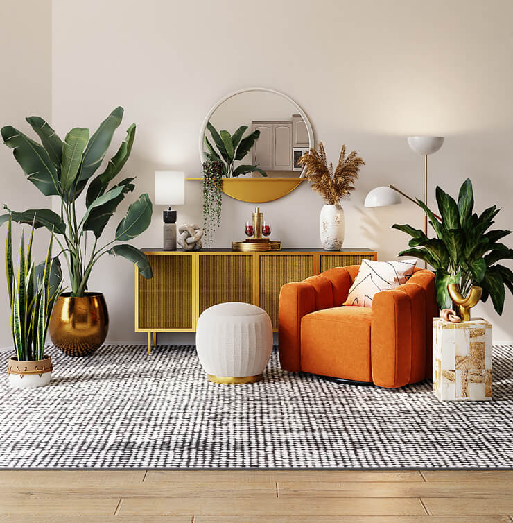 black and white rug in retro lounge with round gold mirror and orange armchair