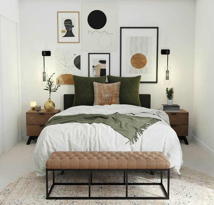 ochre, white and dark green bedding