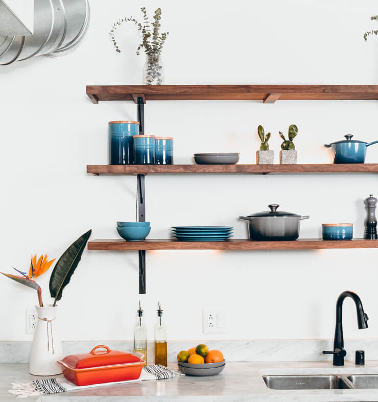 uncluttered shelving in kitchen